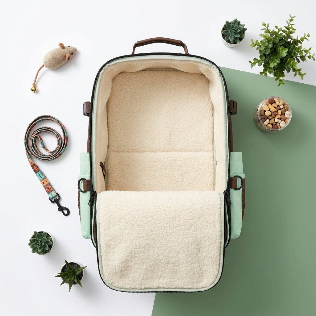 Flat lay interior with pet accessories