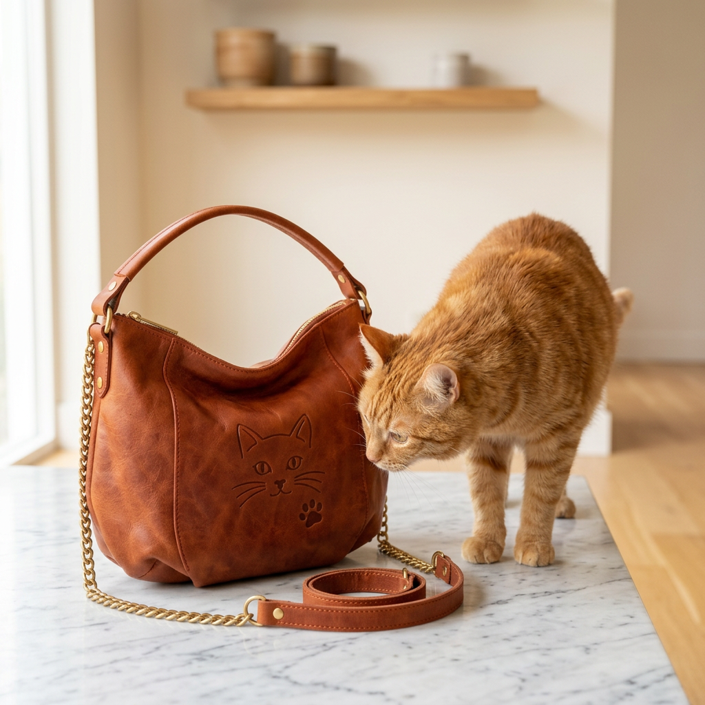Orange tabby cat with bag at home