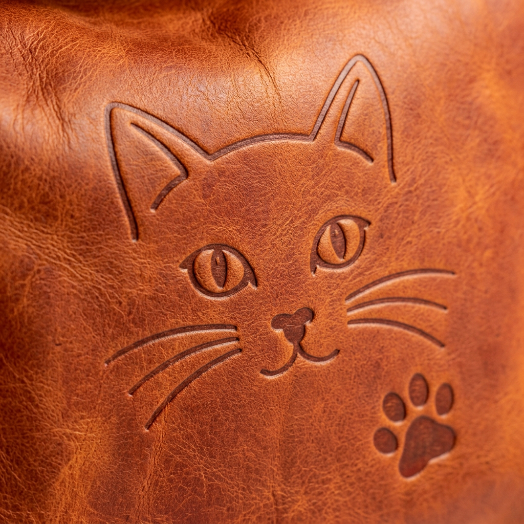 Embossed cat face detail close-up