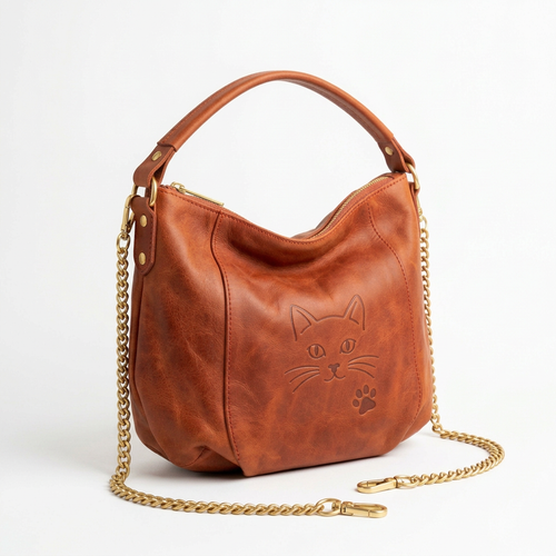 Cat embossed leather hobo bag white background