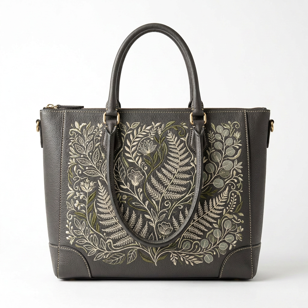 Botanical Embroidered Leather Tote Bag white background