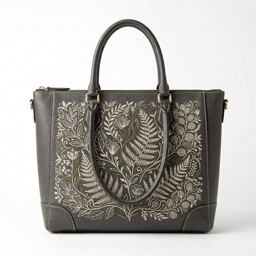 Botanical Embroidered Leather Tote Bag white background
