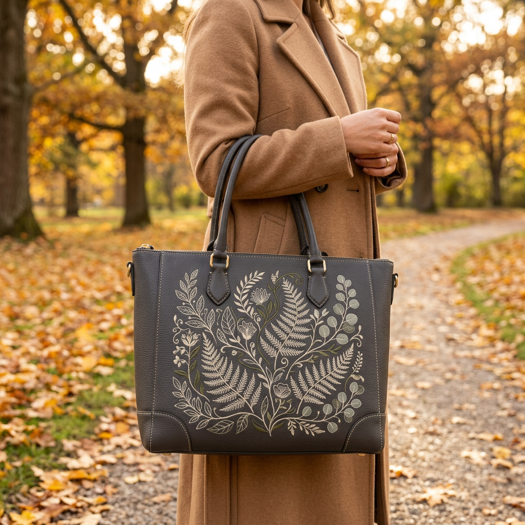 Botanical Embroidered Leather Tote autumn lifestyle
