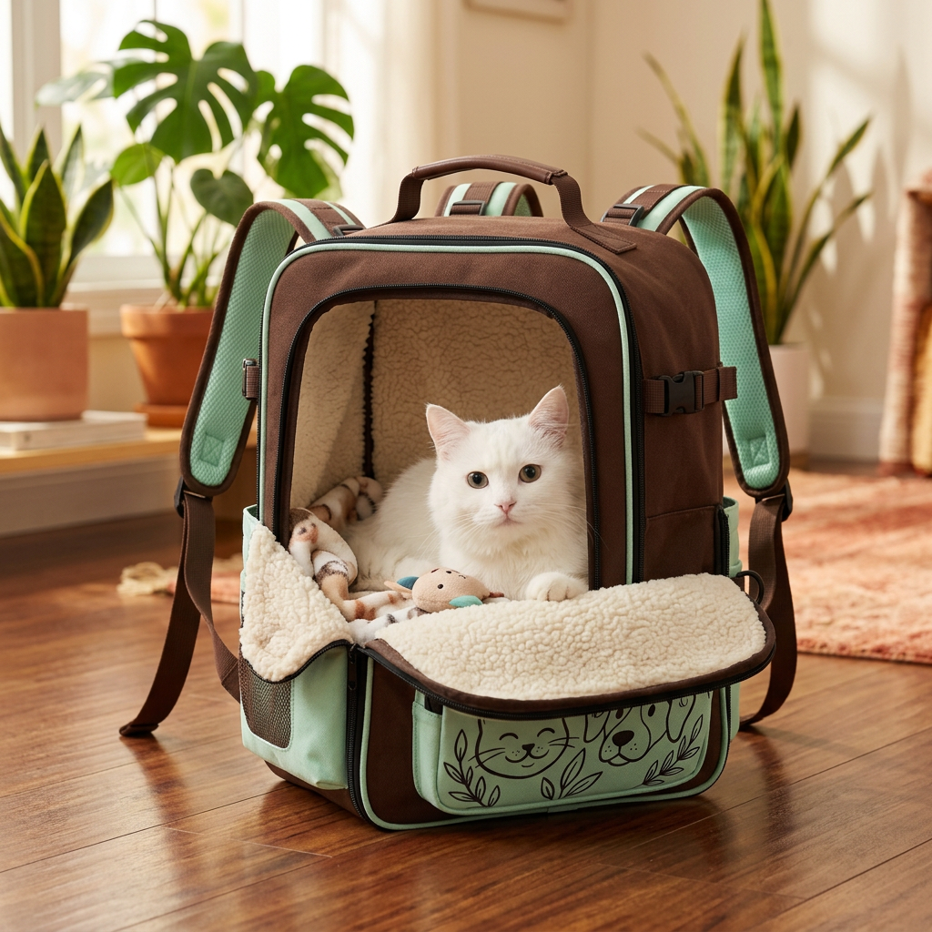 White cat inside carrier at home